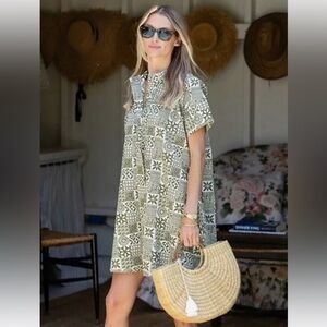 Julia Amory Cotton Twiggy Shirt Dress with Pockets in Moss Batik Patchwork XS